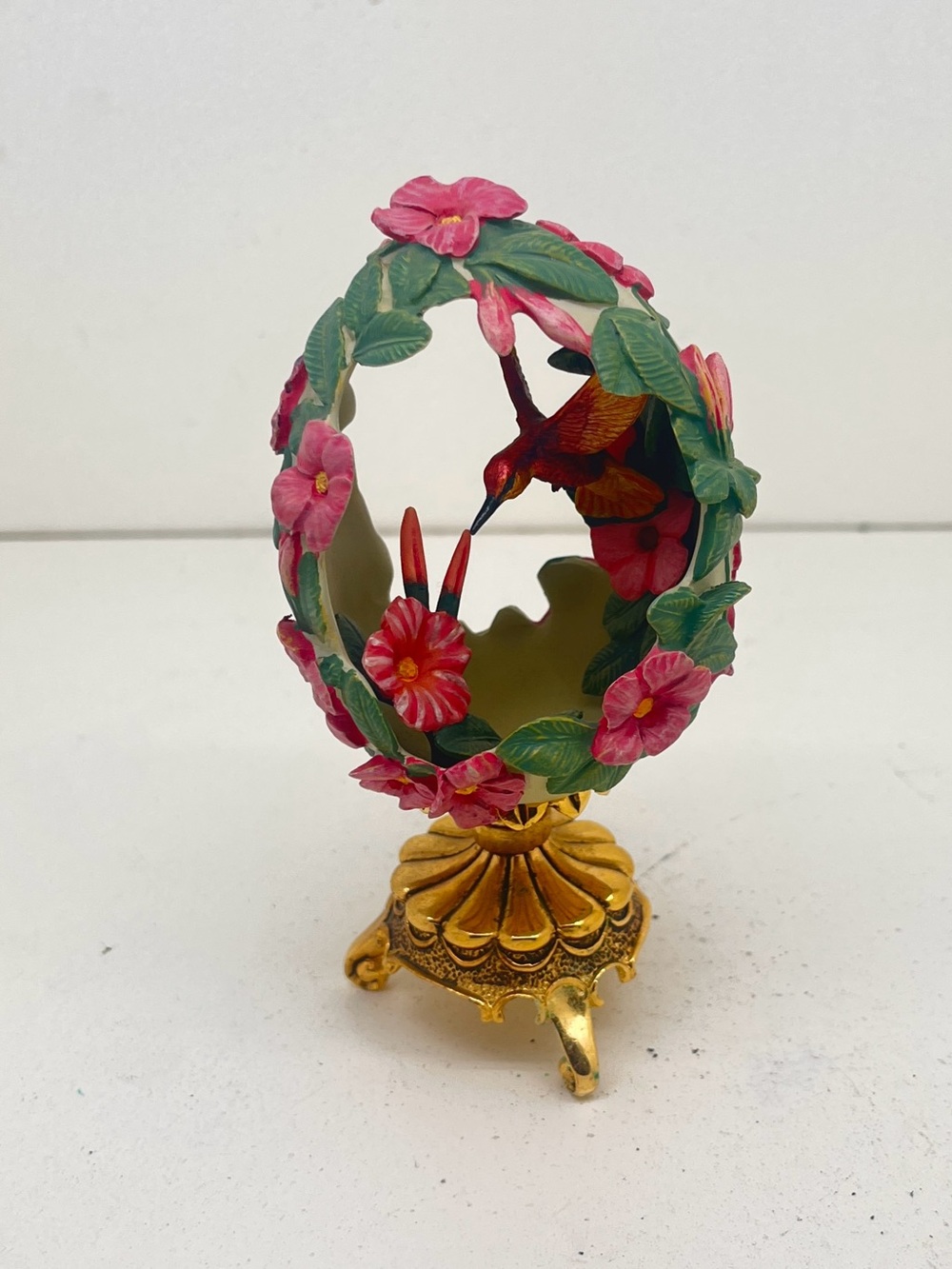 FABERGE EGG,Floral Hummingbird Egg on Gold Stand From Franklin Mint